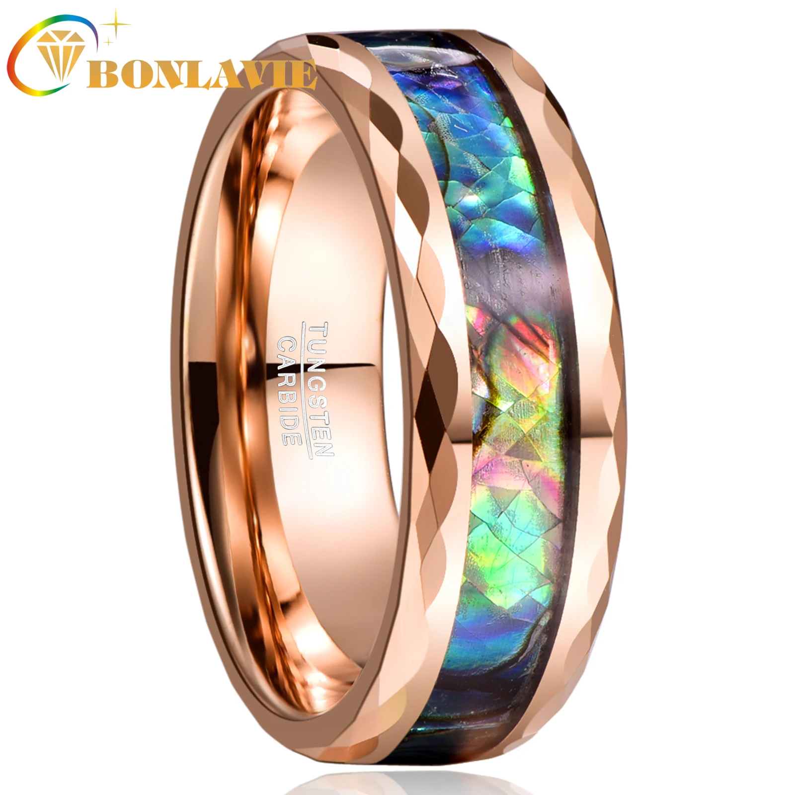 

BONLAVIE 8mm Tungsten Carbide Ring Plating Rose Gold Batch Flower Inlaid Abalone Shell Opal Men's Ring Jewelry
