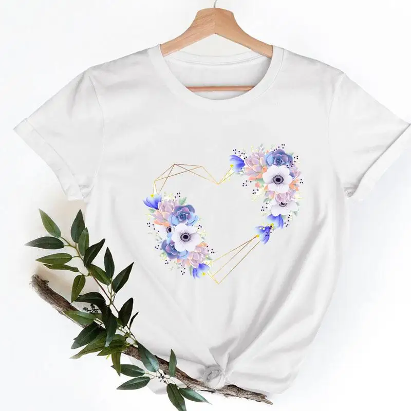 

Women Flower Floral Love Trend T-shirts Short Sleeve Ladies Fashion Casual Clothing Cartoon Clothes Female Tee Graphic T-shirt
