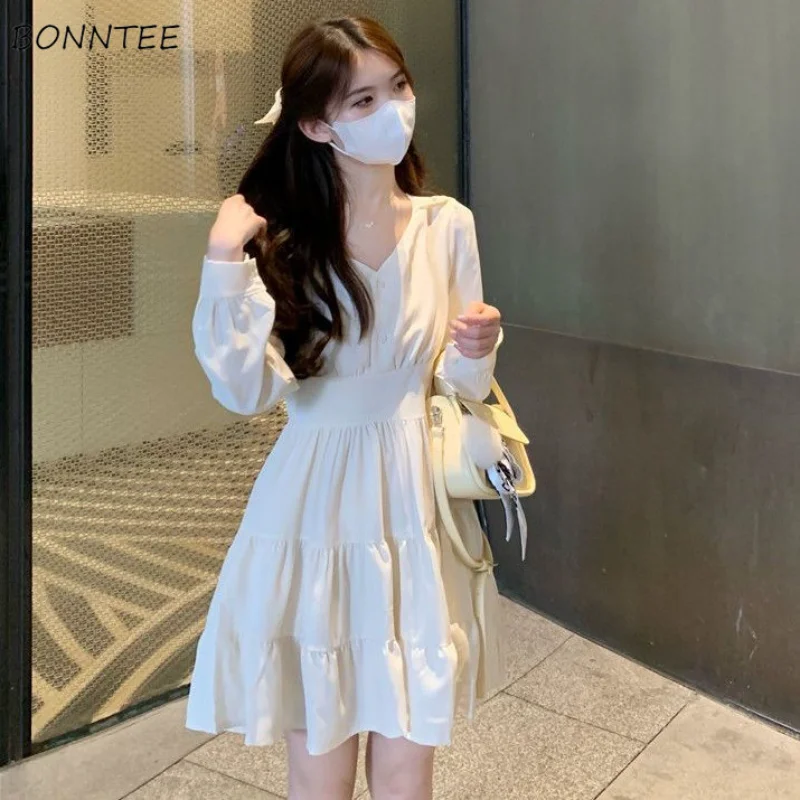 

Dresses Women Sweet Style Trendy Holiday Pure Color Student Lovely Autumn V-neck Design All-match Party Vestidos Popular Tender