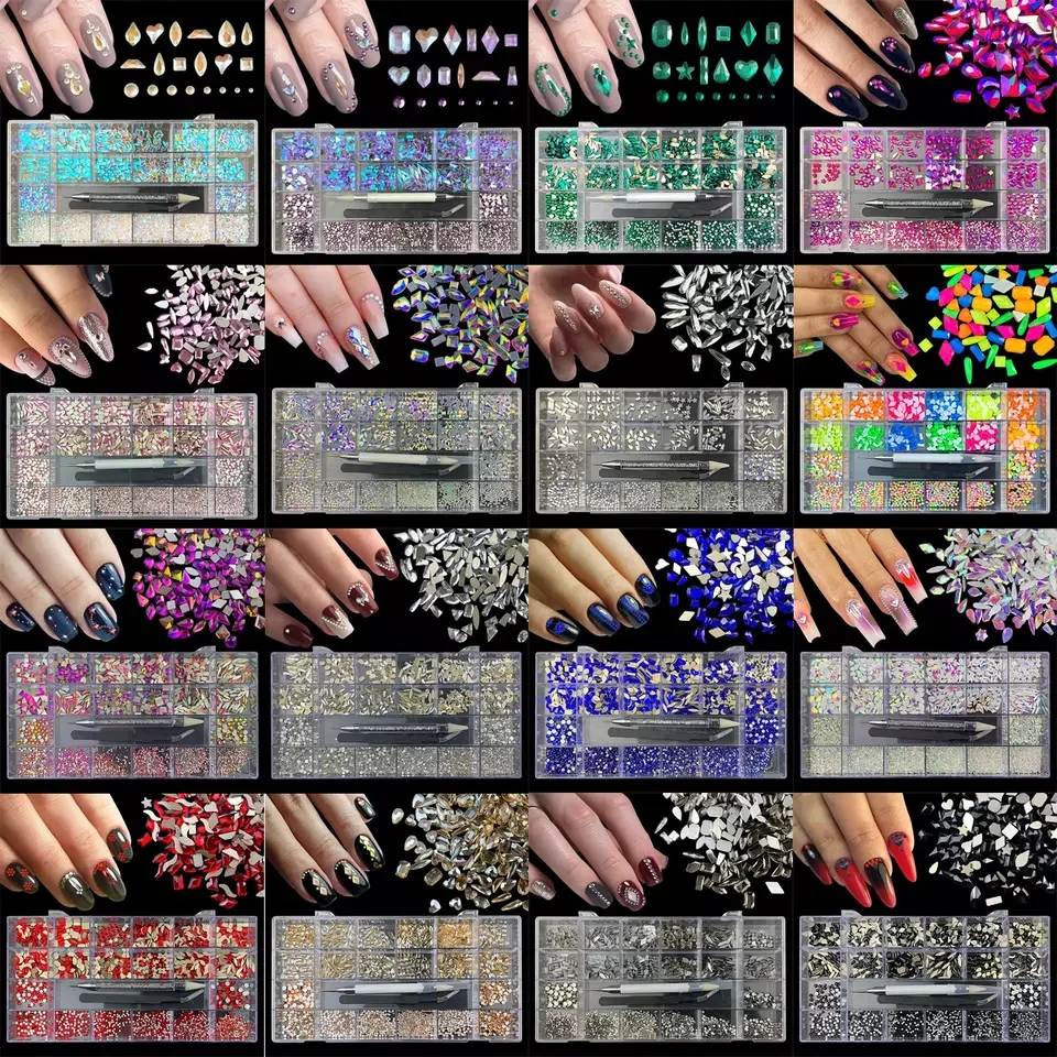 

2800Pcs 21 Grid Box Glass Nail Art Flat Back Crystal Rhinestone 1.5mm 2.0mm Dazzling Diamonds Strass Manicure Tip 3D Decoration