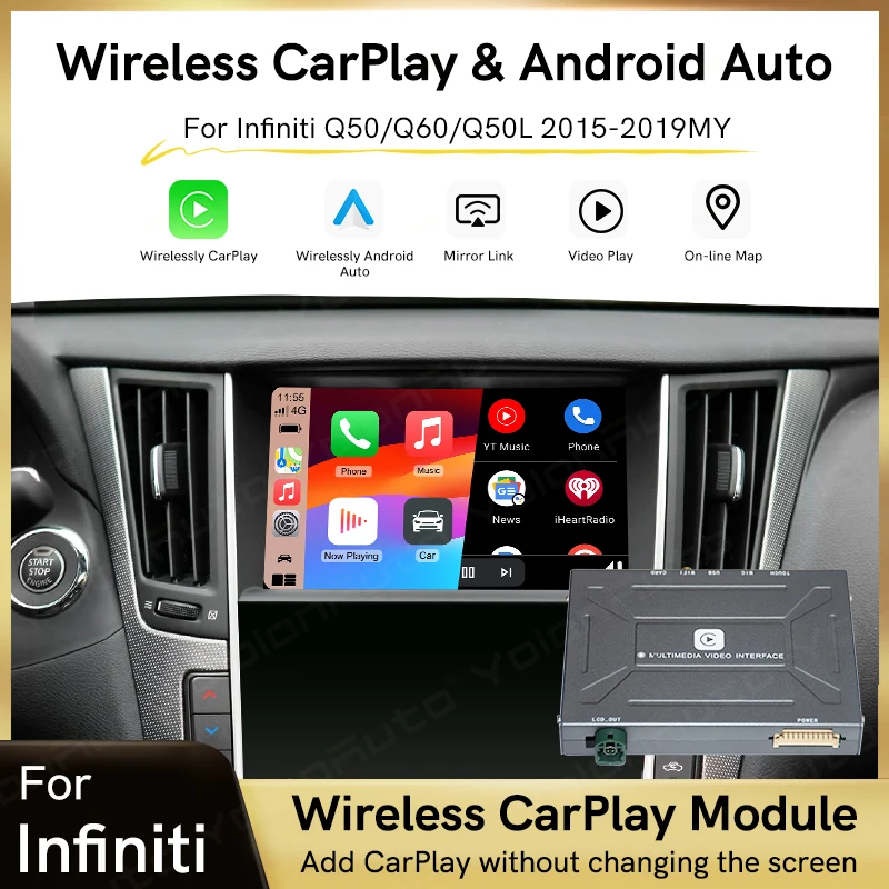 

YolanAuto беспроводной CarPlay Android авто модуль для Infiniti Q50 Q50L Q60 QX50 QX60 QX70 послепродажный комплект для модернизации автомобиля