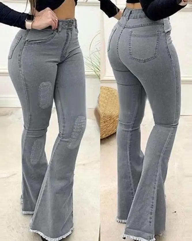 

Zip Fly Ripped Raw Hem Flared Leg Jeans 2022 New Casual Women's Bottom Female Fashion Outfits