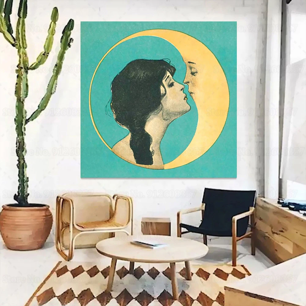 

Постер на холсте с изображением женщины, целующегося полумесяца, человека