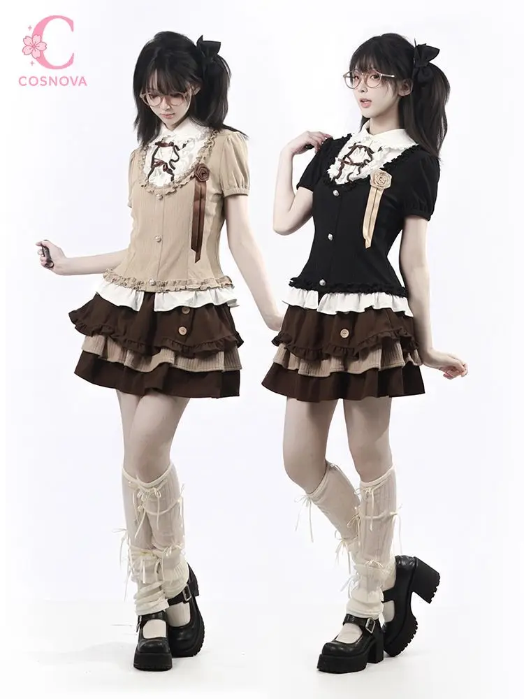 Фото Комплект из 2 предметов в стиле Sweet Lolita Kawaii: женская юбка-тортик с пышными рукавами, бантом, высокой талией и оборками, японская повседневная мода №1