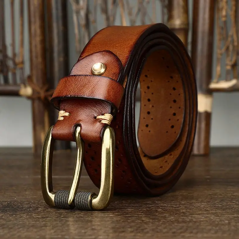 3.8cm New Style Retro Fashion Personality Trend with Hollow Out First Layer Cowhine Pin Buckle Belt Men's Leather Denim Belt