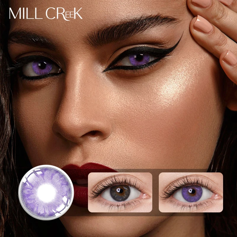 MILL CREEK 2Pcs Color Contact Lens for Eyes Myopia Prescription Diameter 14.0mm Purple Eyes Contact Lens Beauty Pupil Yearly Use