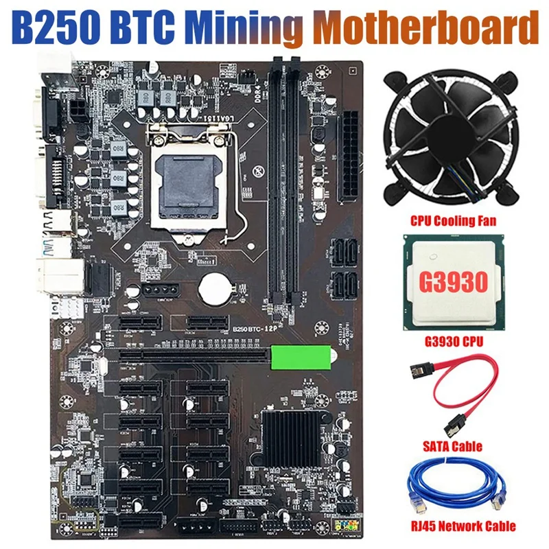 Материнская плата B250 для майнинга 12 GPU LGA1151 DDR4 поддержка VGA с ЦП G3930 + охлаждающий