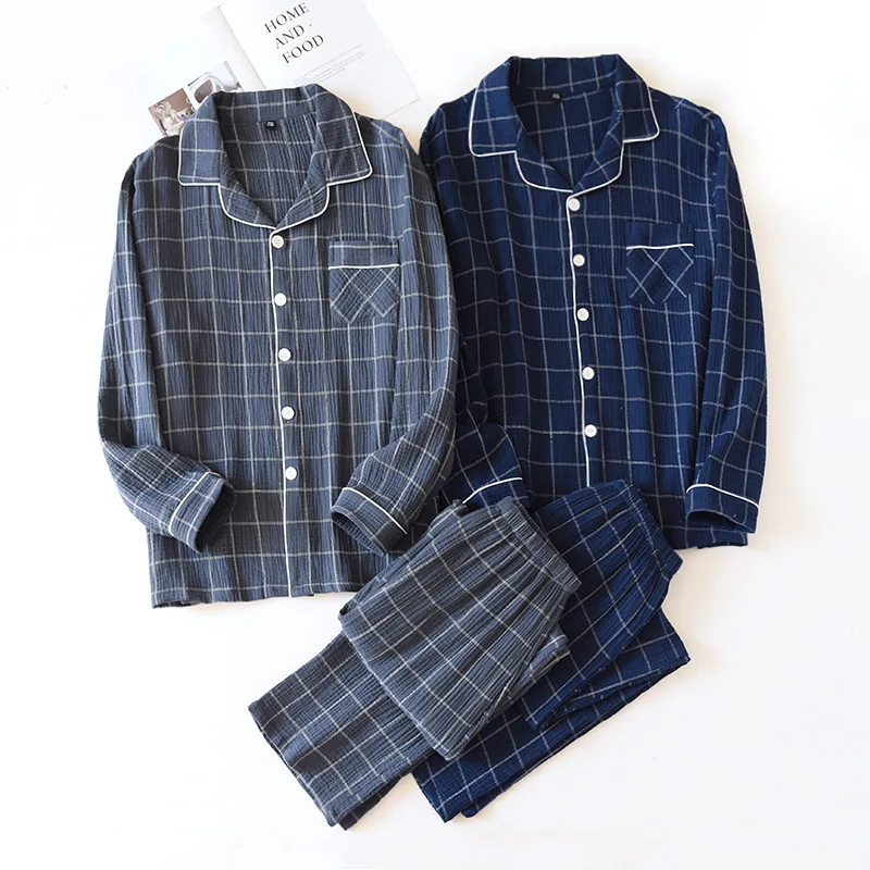 Sleep Wear Men Pijamas Spring /Summer Home Service Crepe Suit Plaid Long Trousers Breathable Sweat-absorbent Leisure Pyjamas Set