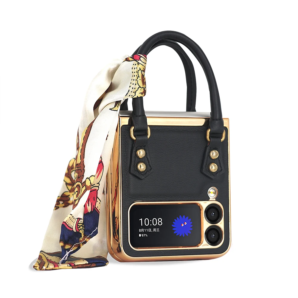 

For Samsung Galaxy Z Flip 4 Case Luxury Punk Rivet Leather Silk Scarf Shockproof Cover for Galaxy Z Flip 3 Case with Hand Strap