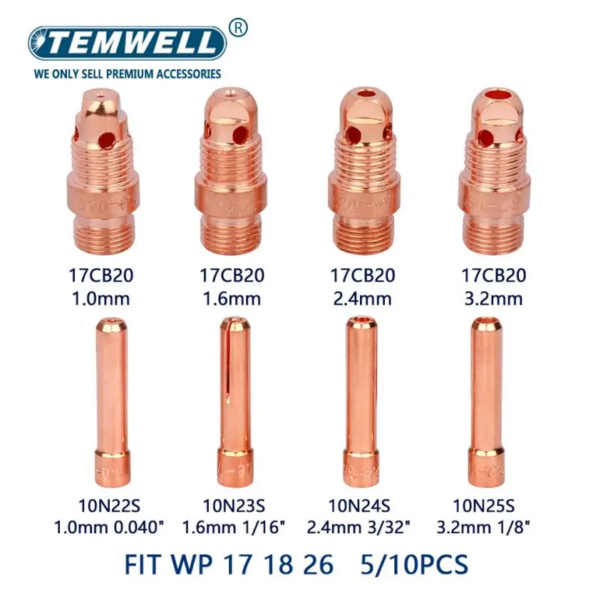 

Цанга TIG и цанга корпус 10N22S 10N23S 10N24S 10N25S 17CB20 1,0/1,6/2,4/3,2 мм для сварочной горелки TIG WP17/18/26 аксессуары