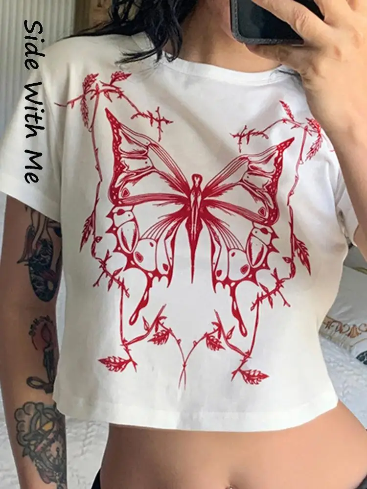 

Side with Me Short Sleeve Print Cropped White Women's Tops Gothic 2022 Summer O Neck Butterfly Casual Party Club Woment-Shirt