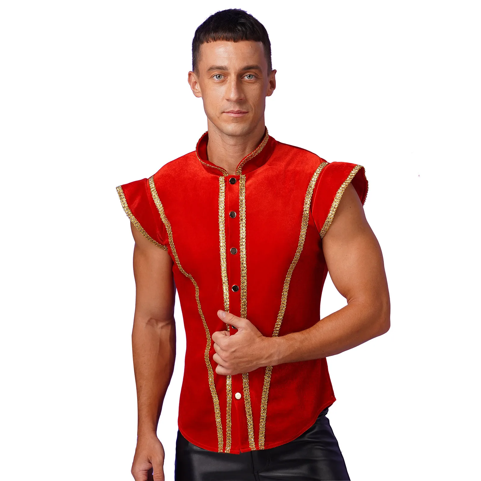 

Halloween Mens Medieval Steampunk Waistcoat Stand Collar Fly Sleeve Buttons Gold Trims Velvet Shirt Vest Circus Cosplay Costumes