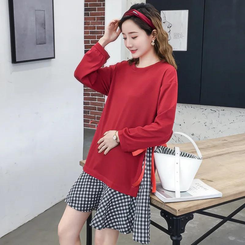 

Autumn Fashion Maternity Shirts Long Sleeve Patchwork Plaid Ruffles A Line Loose Clothes for Pregnant Women Bow Pregnancy Tops