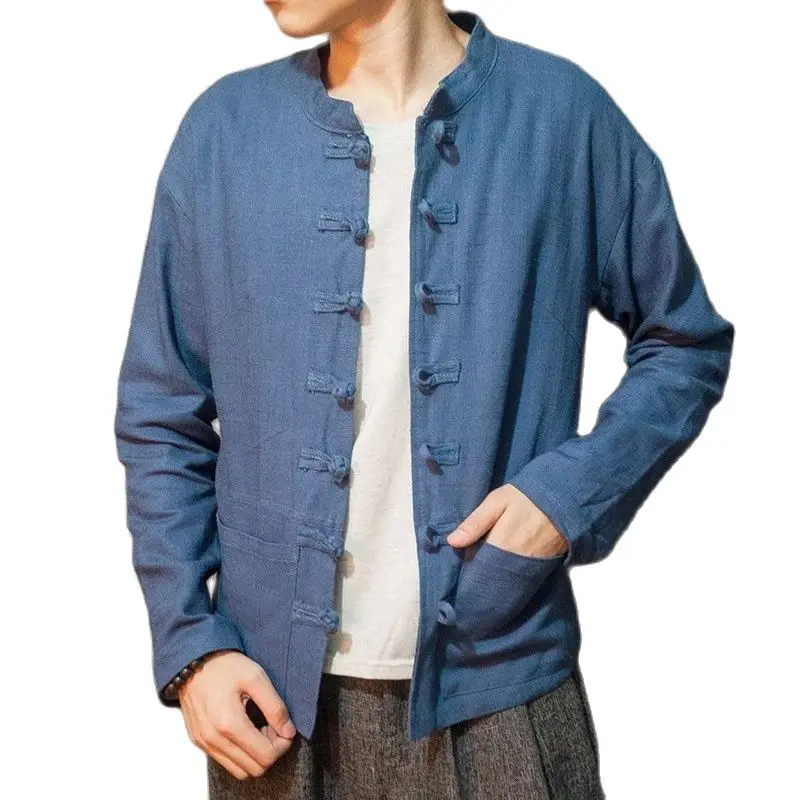 Men's Cotton Linen Kimono Cardigan Traditional Loose Vintage Chinese Stand Collar Coat Casual Jacket