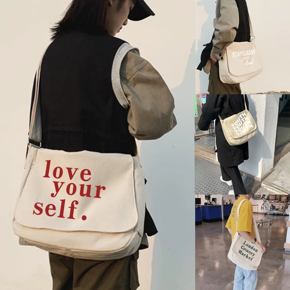 

Large Capacity Canvas Shoulder Bags for Women Japanese Harajuku Diagonal Bag Student Crossbody Money Bag Text Walls Printed