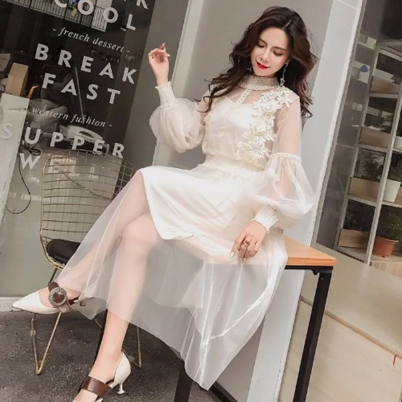 New Arrivals Women Lace Flower Dress Gauze Lantern Sleeve Voile Long Dress Female Retro Hook Princess Dress 2 Piece Set