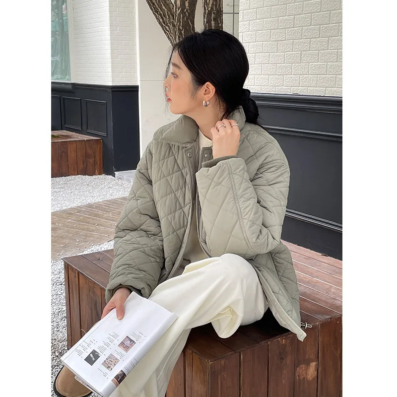 Loose Warm Cotton Coat Female 2022 Winter New Casual Diamond Check Pattern Short Paragraph Cotton Clothing