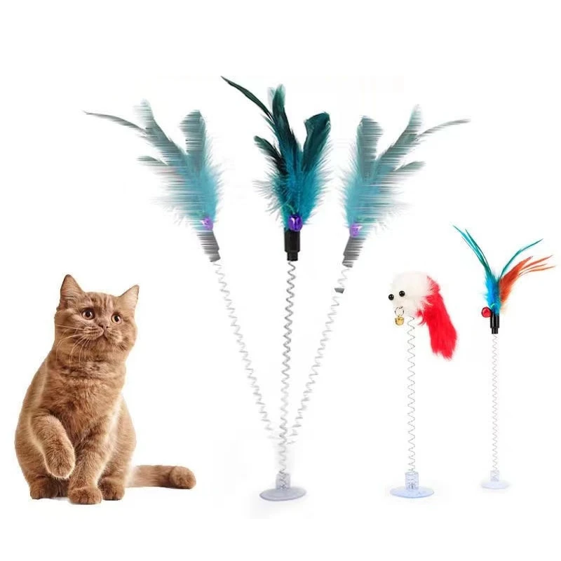 

Spring Pet Toy Cat Interactive Suction Stick Cup with Bell Elastic Mouse Feather Rod Bottom Sucker Cats Supplies Accessories