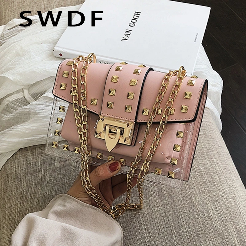 

Bag Female 2022 New Fashion Rivet Single Shoulder Bag Trend Versatile Street Shot Chain Messenger Transparent Small Square Bag