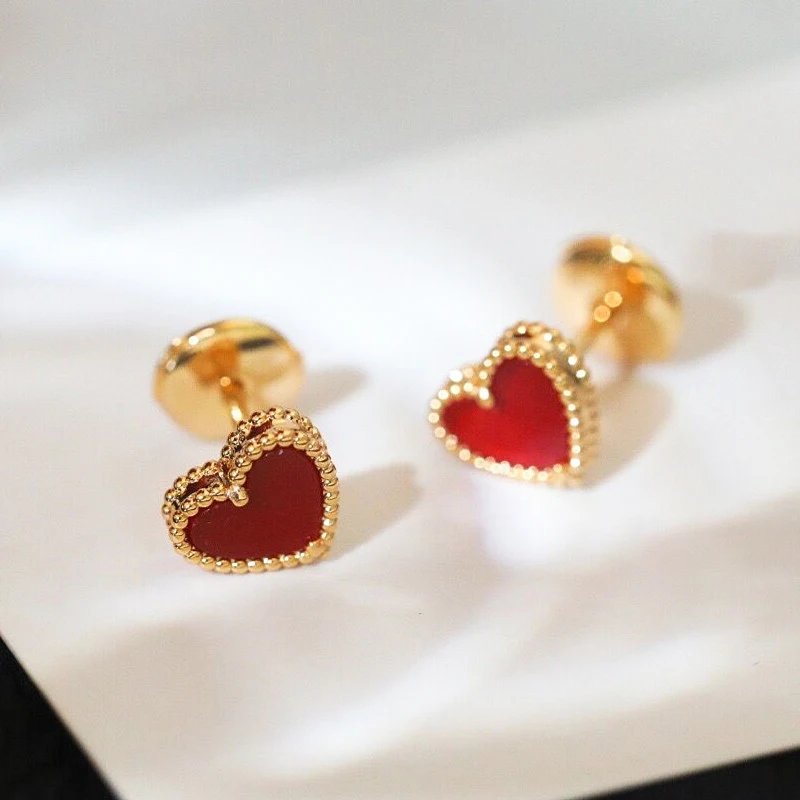 

Hot selling new rose gold red agate heart-shaped earrings for women Sweet and minimalist Party Luxury brand jewelry gifts