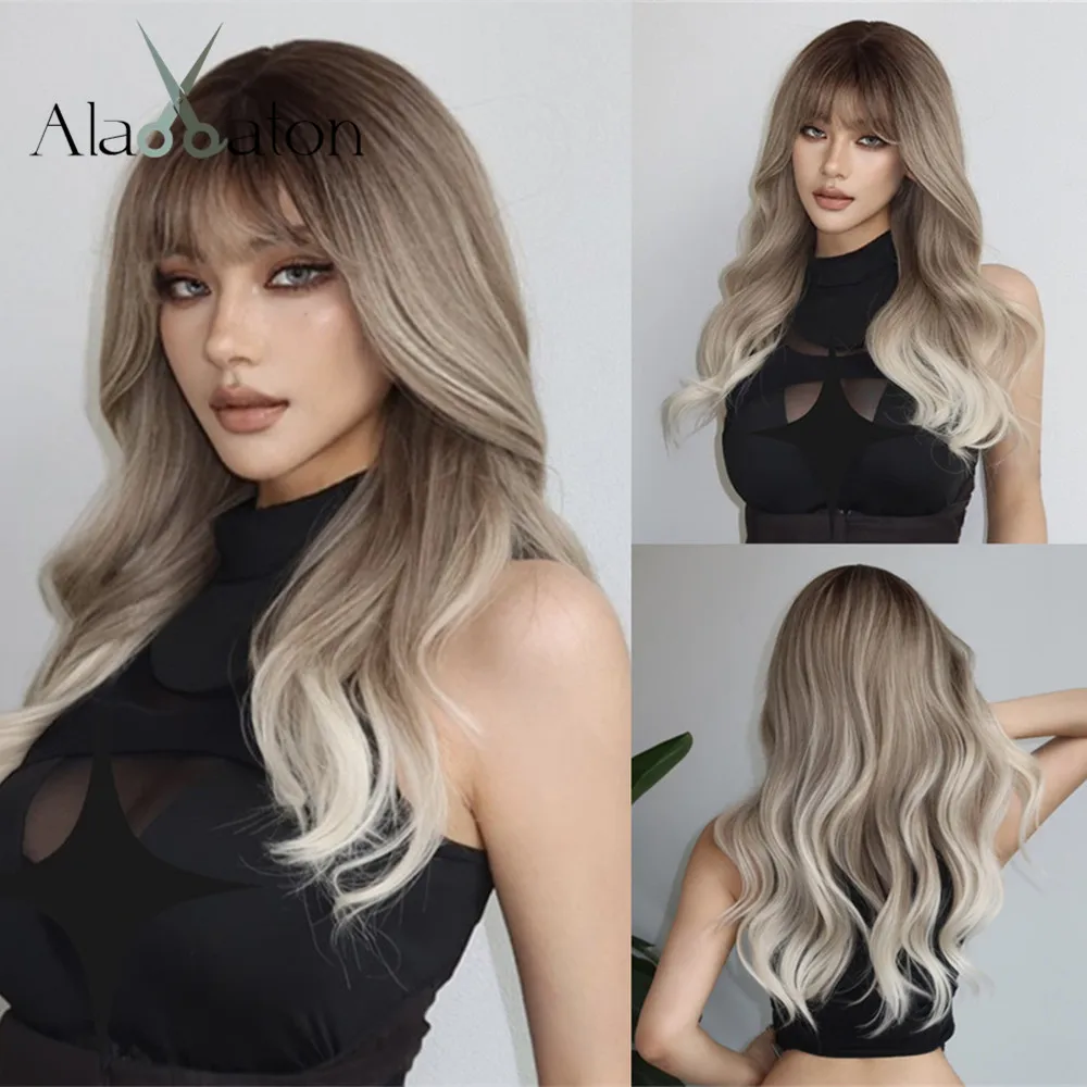 

ALAN EATON Light Brown Ombre Blonde Wavy Synthetic Wigs with Bangs Long Natural Dark Root Wig for Daily Women Heat Resistant Wig