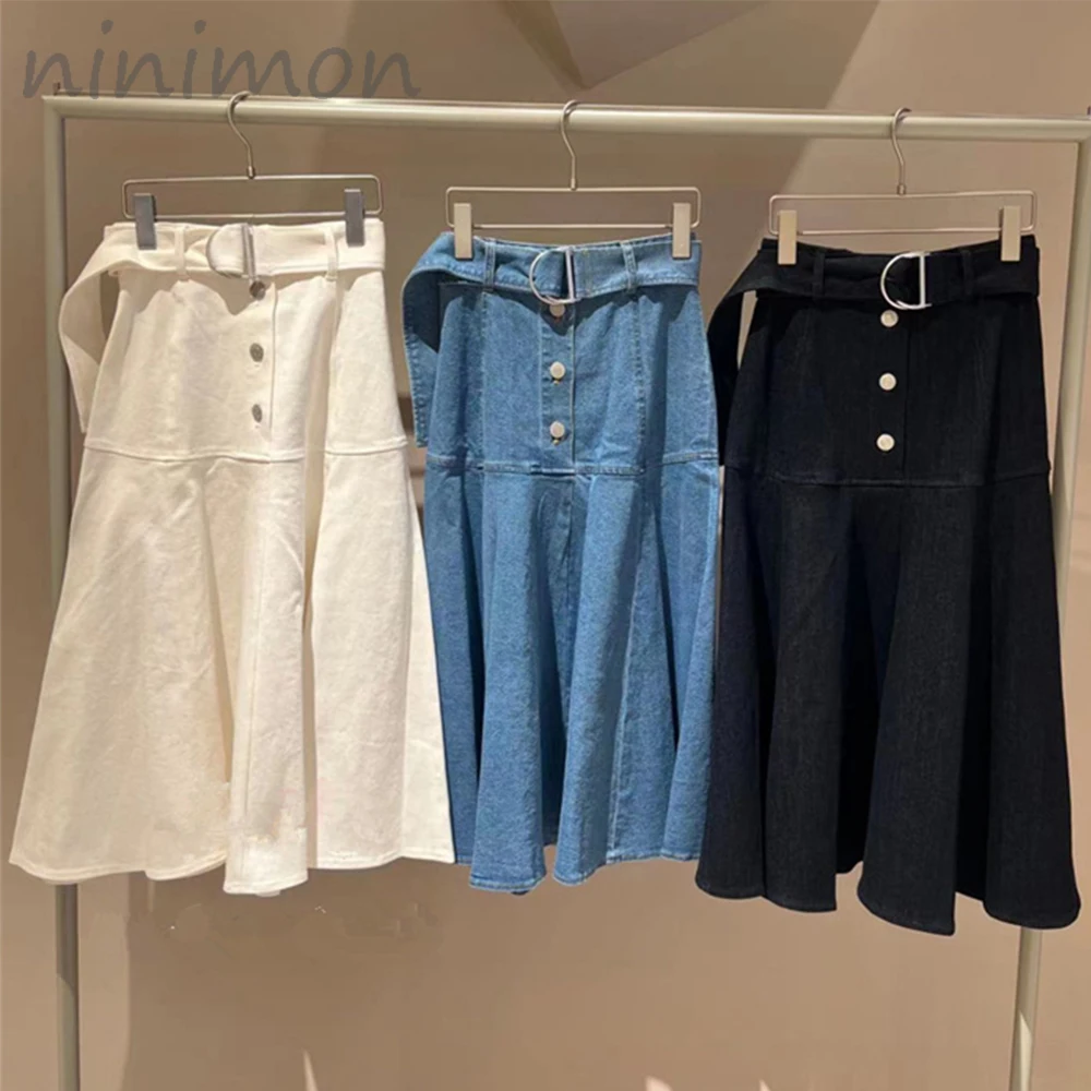 

Юбка-трапеция джинсовая NINIMON с завышенной талией, винтажная однобортная длинная свободная юбка-годе из денима с большим подолом
