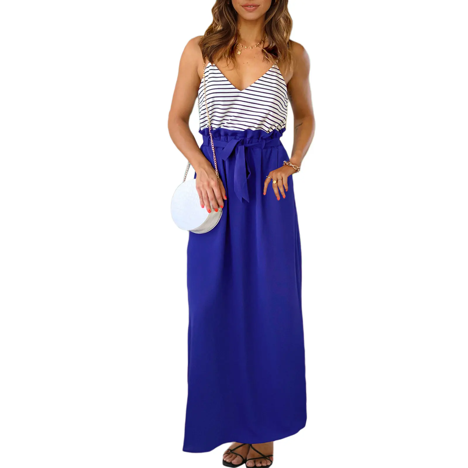 

Женское богемное летнее платье без рукавов с V-образным вырезом в полоску пэчворк с поясом на резинке длинная юбка пляжная одежда