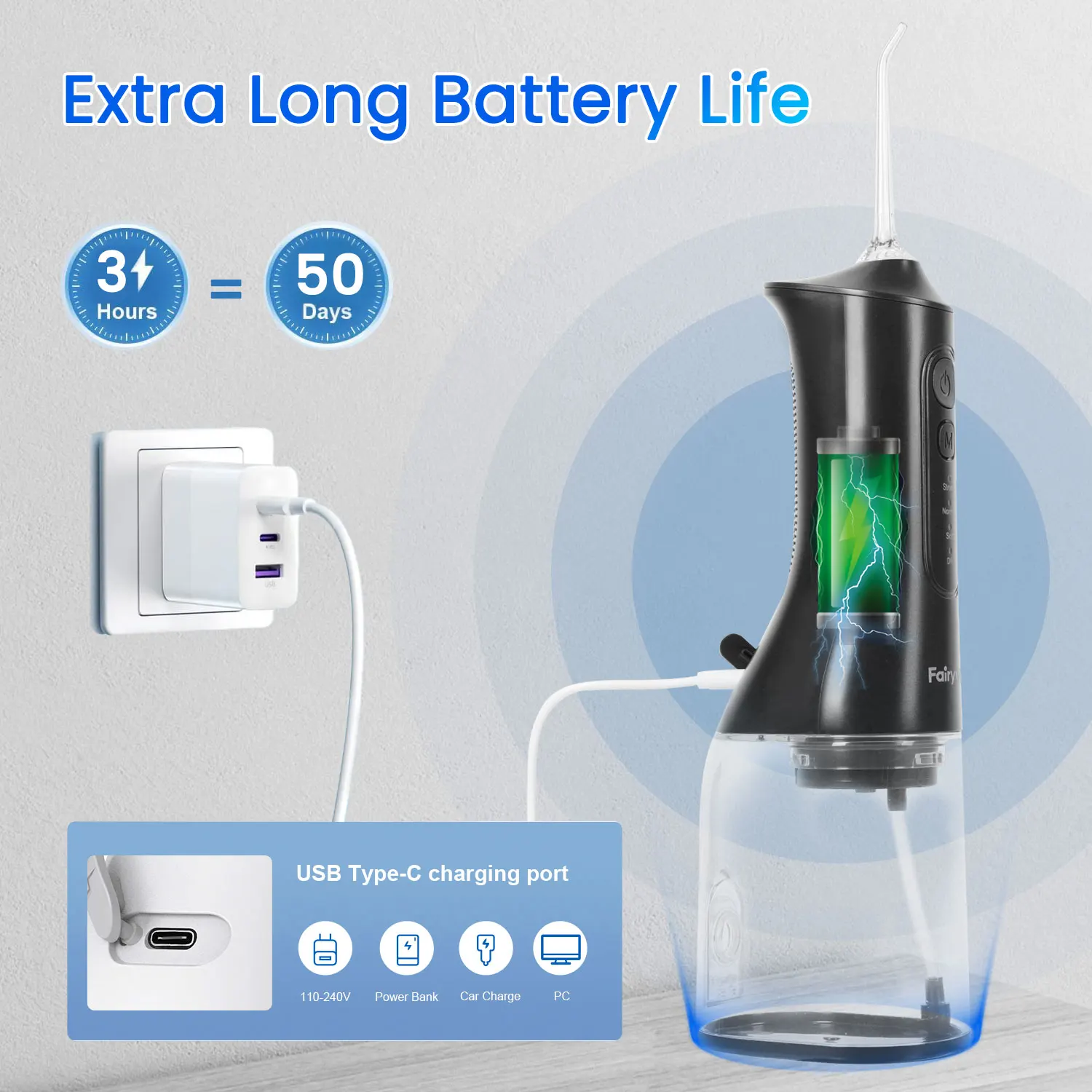 Фото Fairywill USB портативный ирригатор для полости рта, водная ирригация, стоматологическая вода, отбеливание зубов, 300 мл, 6 насадок, чистка полости рта для брекетов №3