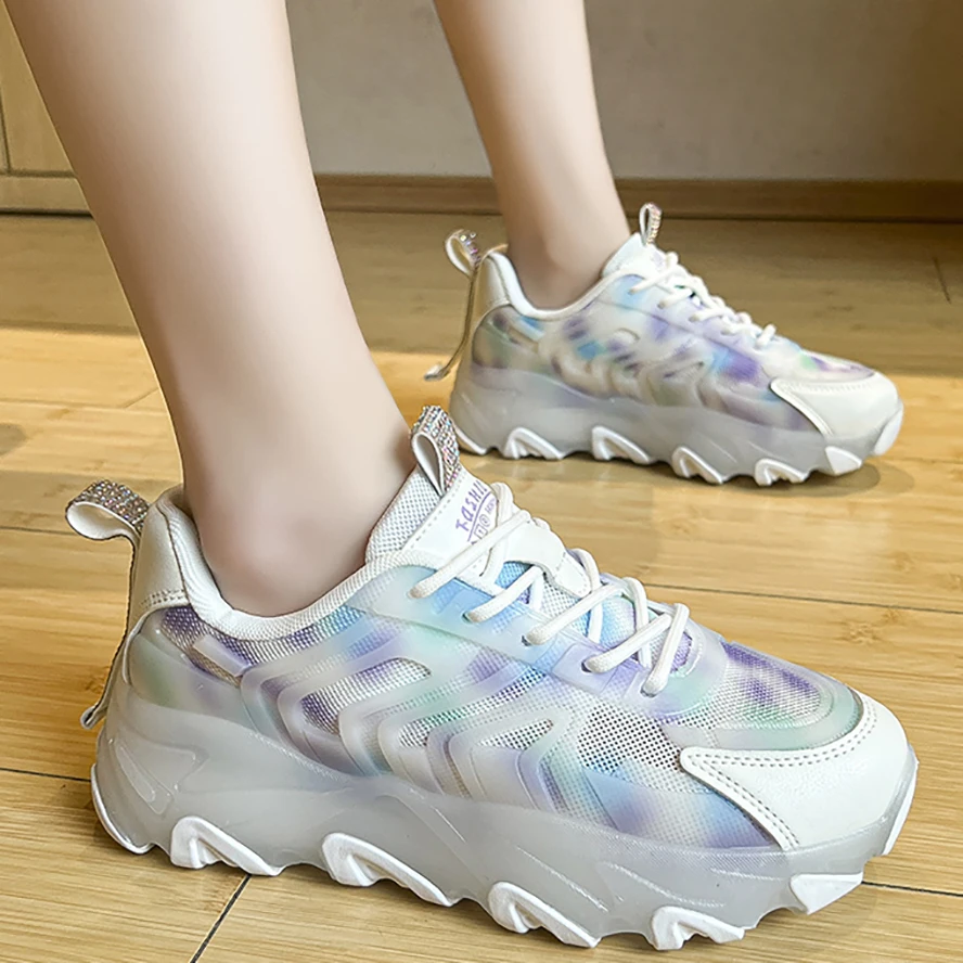 

2022 New Summer Chunky Sneakers Women Breathable Running Shoes Fashion Rainbow Mesh Platform Ladies Casual Flat Vulcanize Shoes