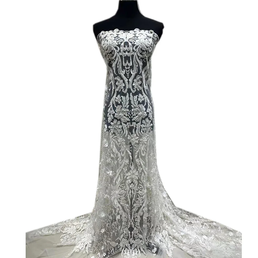 

White Embroidery Bridal Wedding Dresses Sewing Material Women Evening Gown Handmade Beaded Lace Fabric 3D Flowers Mesh Tulle New