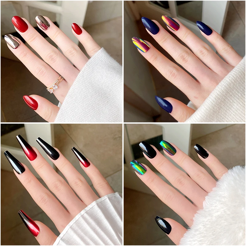 

24Pcs/Box Red Silver Short Round Wearable Press On Fake Nails Tips With Glue Acrylic Symphony Gradient Full Cover Manicure Tip
