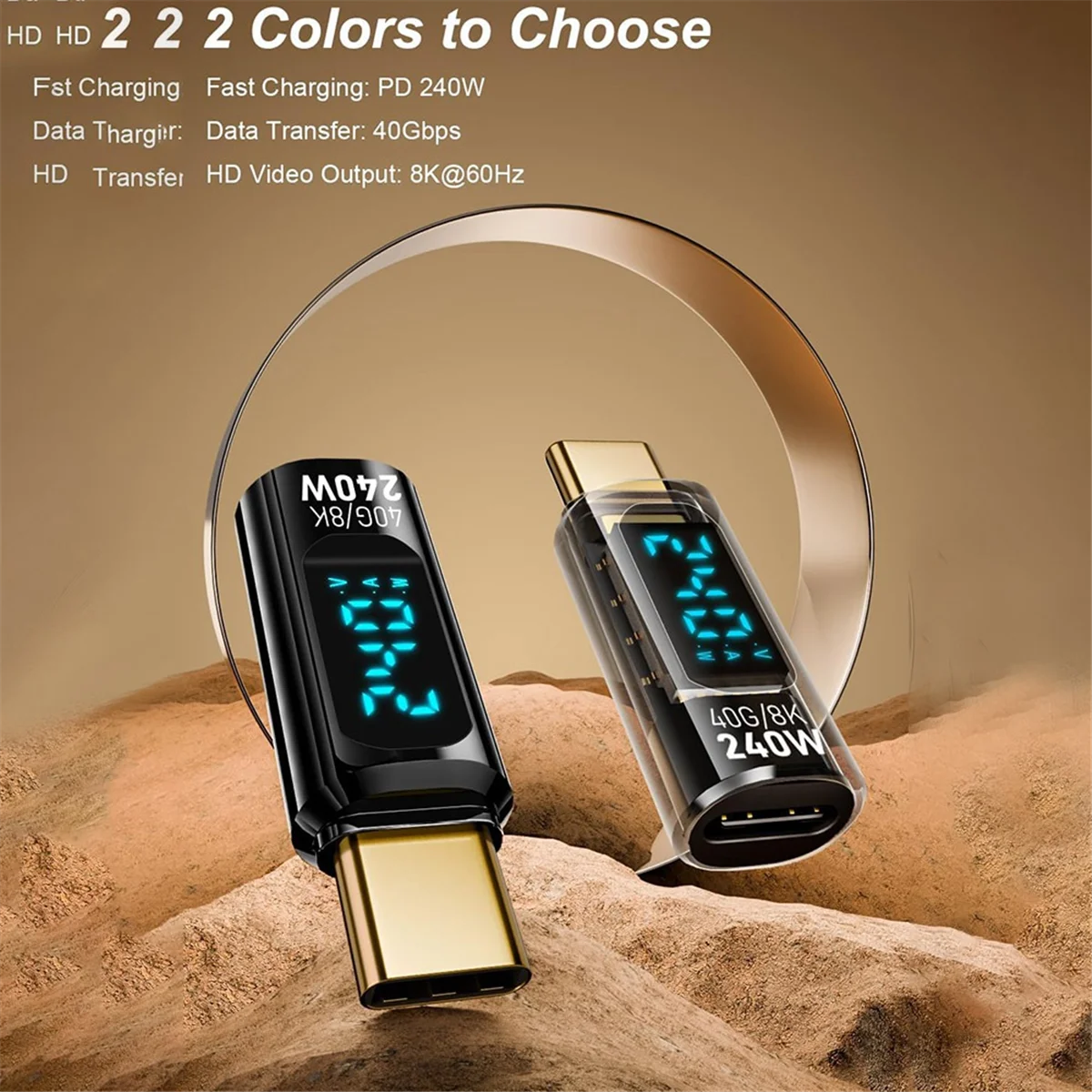 2 шт. адаптера типа C с цифровым дисплеем разъем PD 240 Вт USB-C папа-мама поддерживает