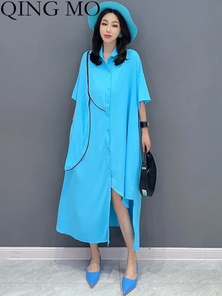 

Женское Повседневное платье-рубашка QING MO, свободное облегающее платье с рукавом до локтя, синее, черное, ZXF2454, лето 2023