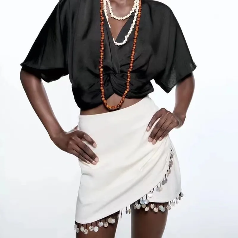 

Women Fashion With Beading Hem Solid Mini Skirts Back Zipper Vintage High Waist Female Chic Lady Short Skirts