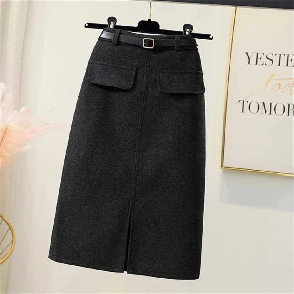 

With Belt Woolen Cloth Skirt Women's Autumn Winter Skirt Elasticity High Waist Long Split Skirt Mujer Faldas Saias Mulher Woolen