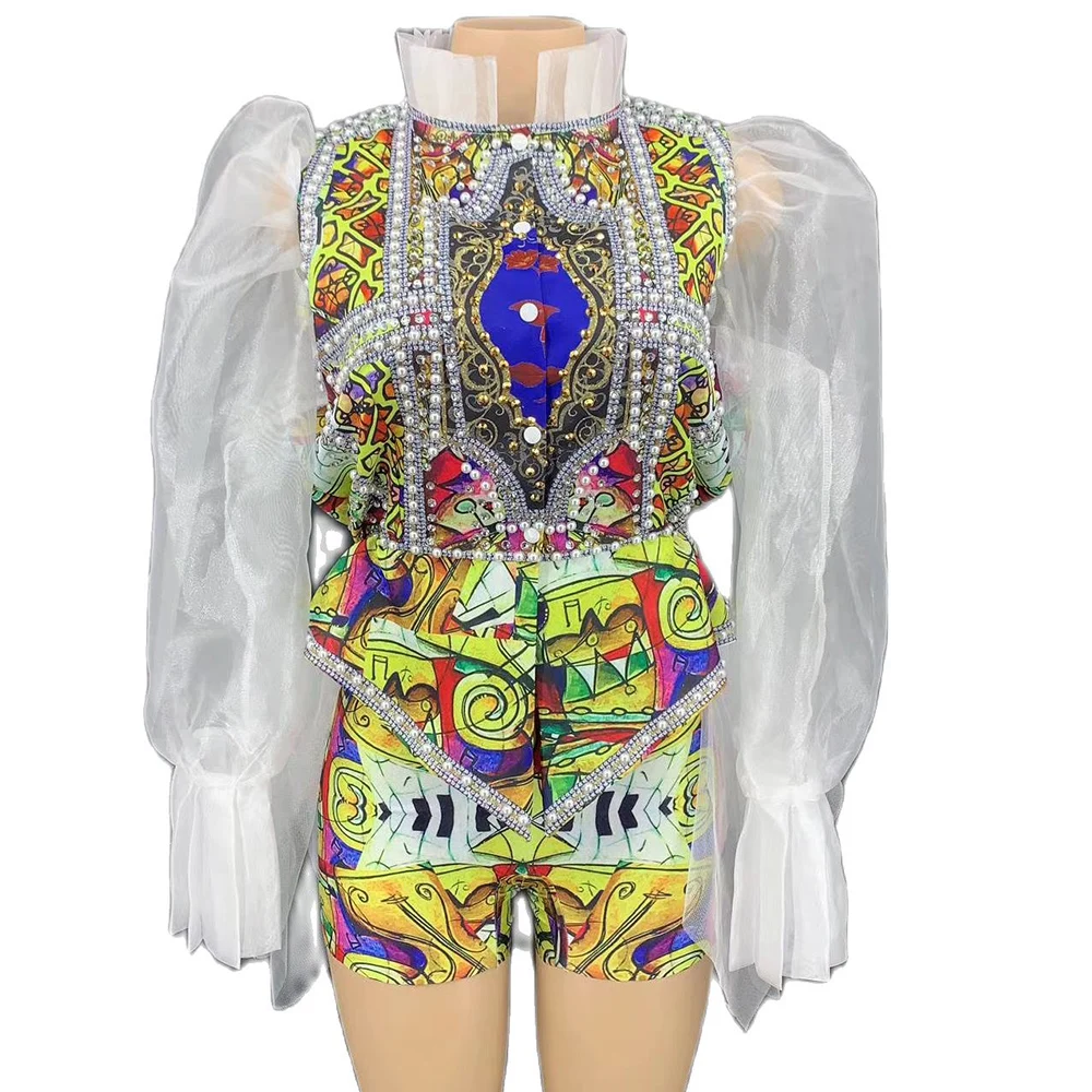 

Shiny Diamond Mesh Long Puff Sleeve Print Tops Women Shorts Tailing Three-Piece Set Evening Prom Outfit Nightclub Costumes