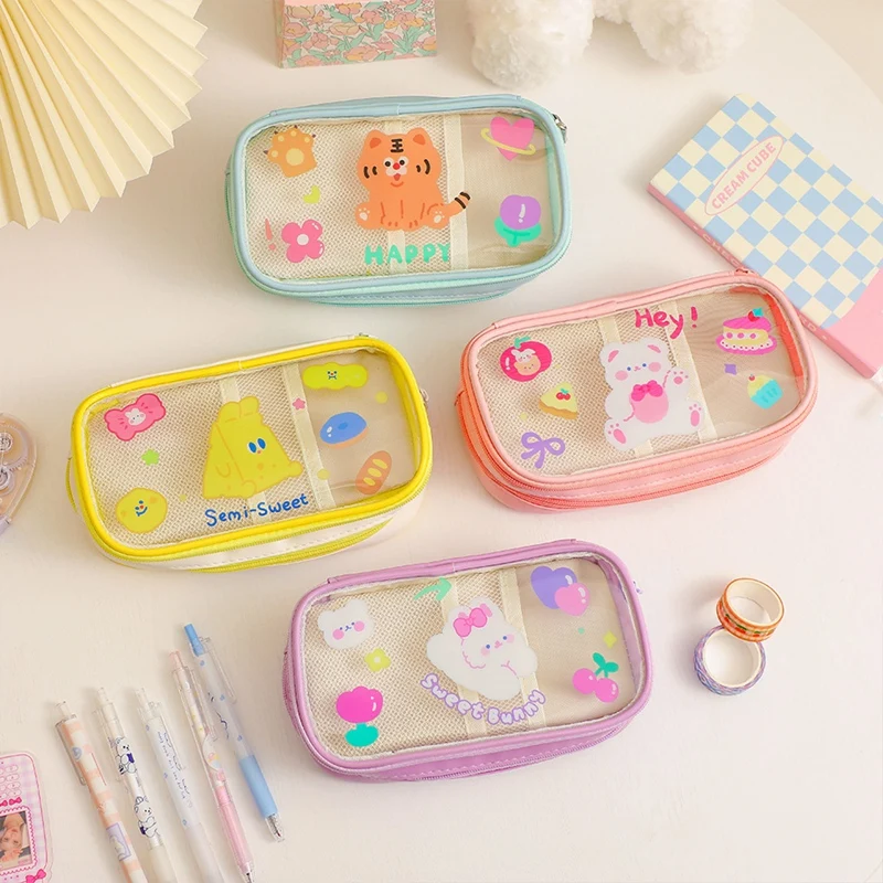 

3-слойный прозрачный чехол с милым медведем, вместительная сумка для ручек, школьный кожаный стационарный органайзер, детский школьный чехо...