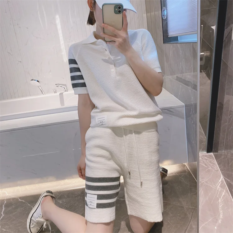 High Quality Korean Style Spot 2022 Summer TB Four-bar Knitted Polo Shirt Short-sleeved Top + Casual Sports Shorts Suit