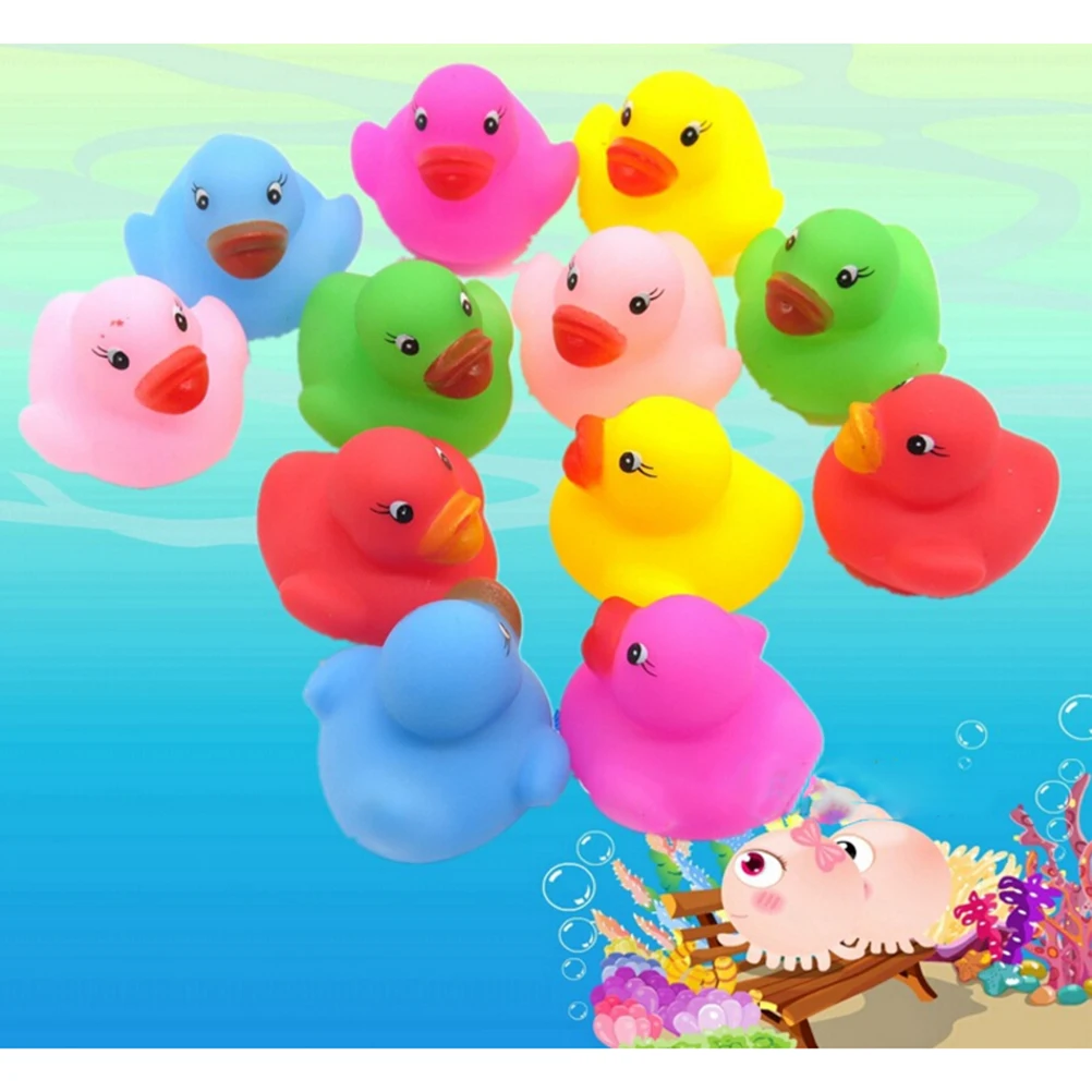 24pcs/lot Kawaii Mini Colorful Rubber Float Squeaky Sound Duck Bath Toy Baby Bathroom Water Pool Funny Toys for Girls Boys Gifts