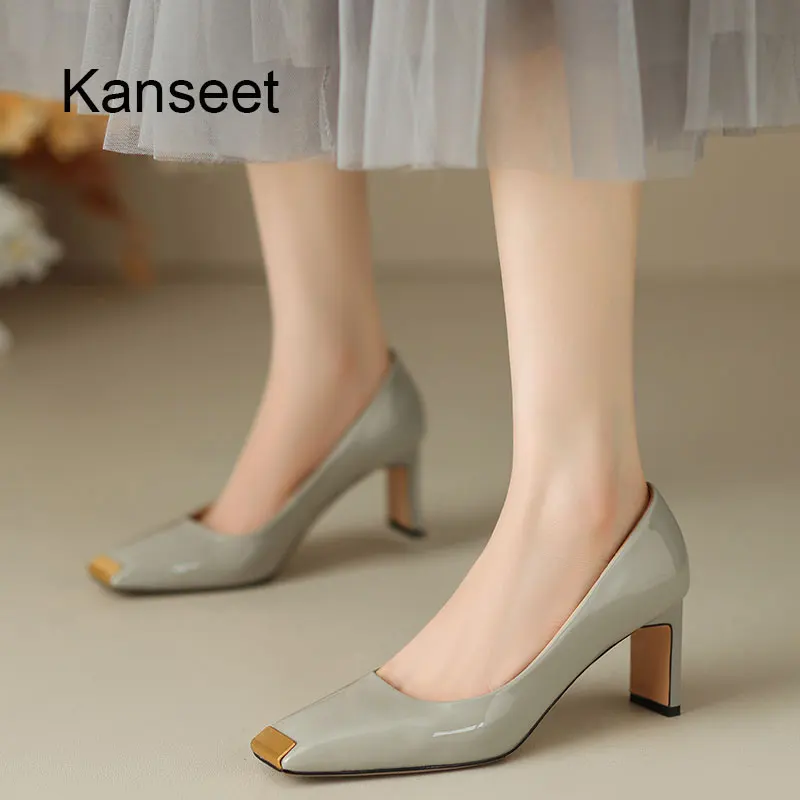 

Kanseet Fashion Design Square Toe Women Pumps 2023 Autumn Genuine Leather Elegant Handmade Slip-On Party Dress High Heels Shoes