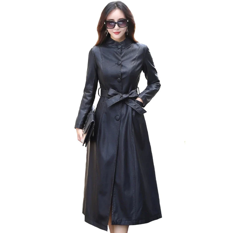 2022 Fashion X-Long Autumn Womens Black Leather Jacket Winter Single Breasted Faux Leather Coat Female Windbreaker