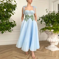 sky blue prom dress spaghetti straps pockets backless sexy prom gown sleeveless illusion crystal ankle length homecoming dress
