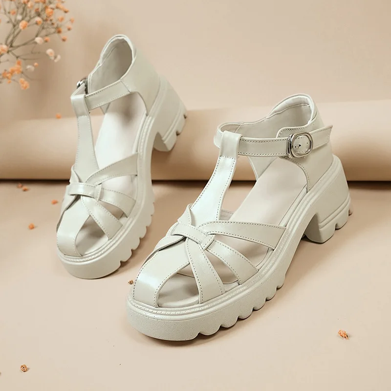 CICIYANG Sandals for Women Genuine Leather Large Size Summer Shoes 2023 New Model Toe Protection High Heel Roman Sandals Ladies
