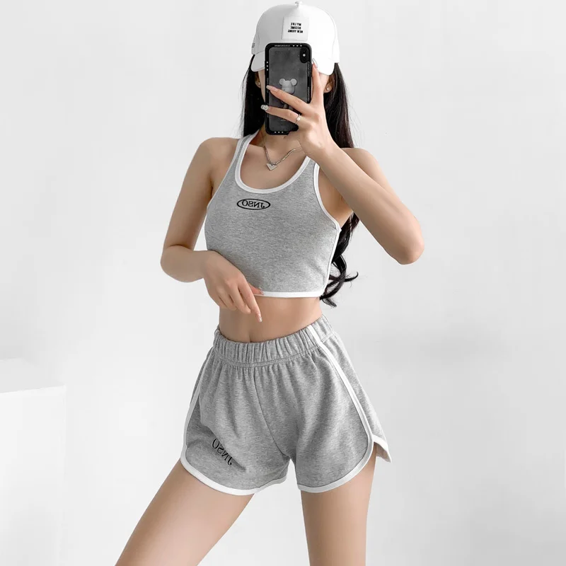 

Women Summer Contrast Letter Embroidered Tank Top Elastic Waist Casual Sports Shorts Set Two Piece Set V483