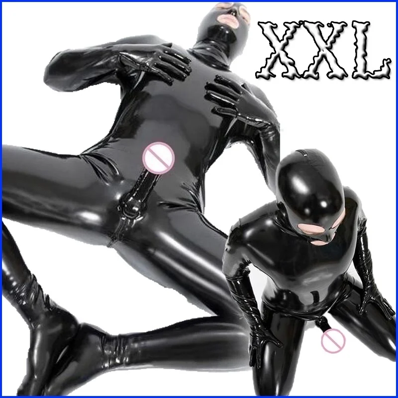 

Full Body Black patent leather Fetish Suit nightclub DS stage costume mens Jumpsuit Sexy Faux Latex Tight Zentai Suit with hood