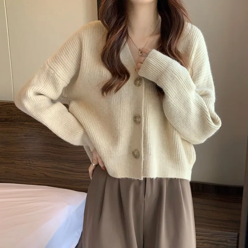 New 2022 Spring Autumn Casual Female V-neck Knitted Single Breasted Cardigan  Top Korean Loose Short Sweater Women Thickened Coat | АлиЭкспресс