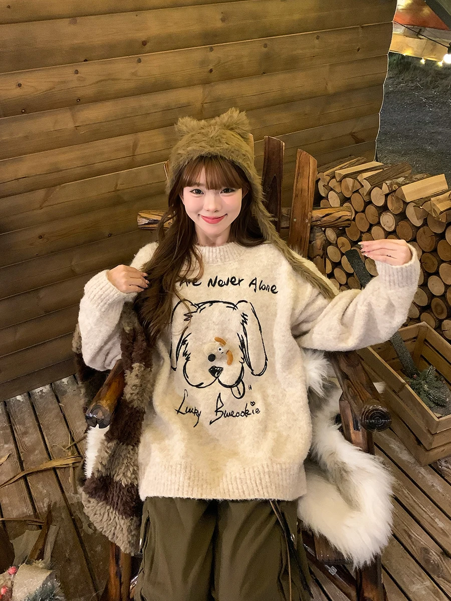 UFAD Ретро Idle Sle мультфильм трехмерный щенок пуловер с круглым вырезом свитер