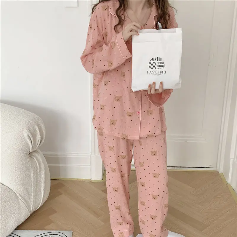 QWEEK Cotton Sleepwear Kawaii Women's Pajamas Bear Print Nightwear Female Set Woman 2 Piece Pijama Polka Dot Pyjamas Long Sleeve