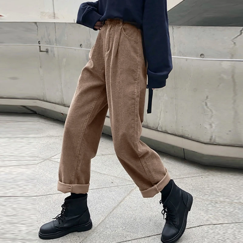 

Women Pants Casual High Waist Pleated Trousers Streetwear Corduroy Warm Straight Vintage Harajuku 2023 Chic Solid Bottoms 23608