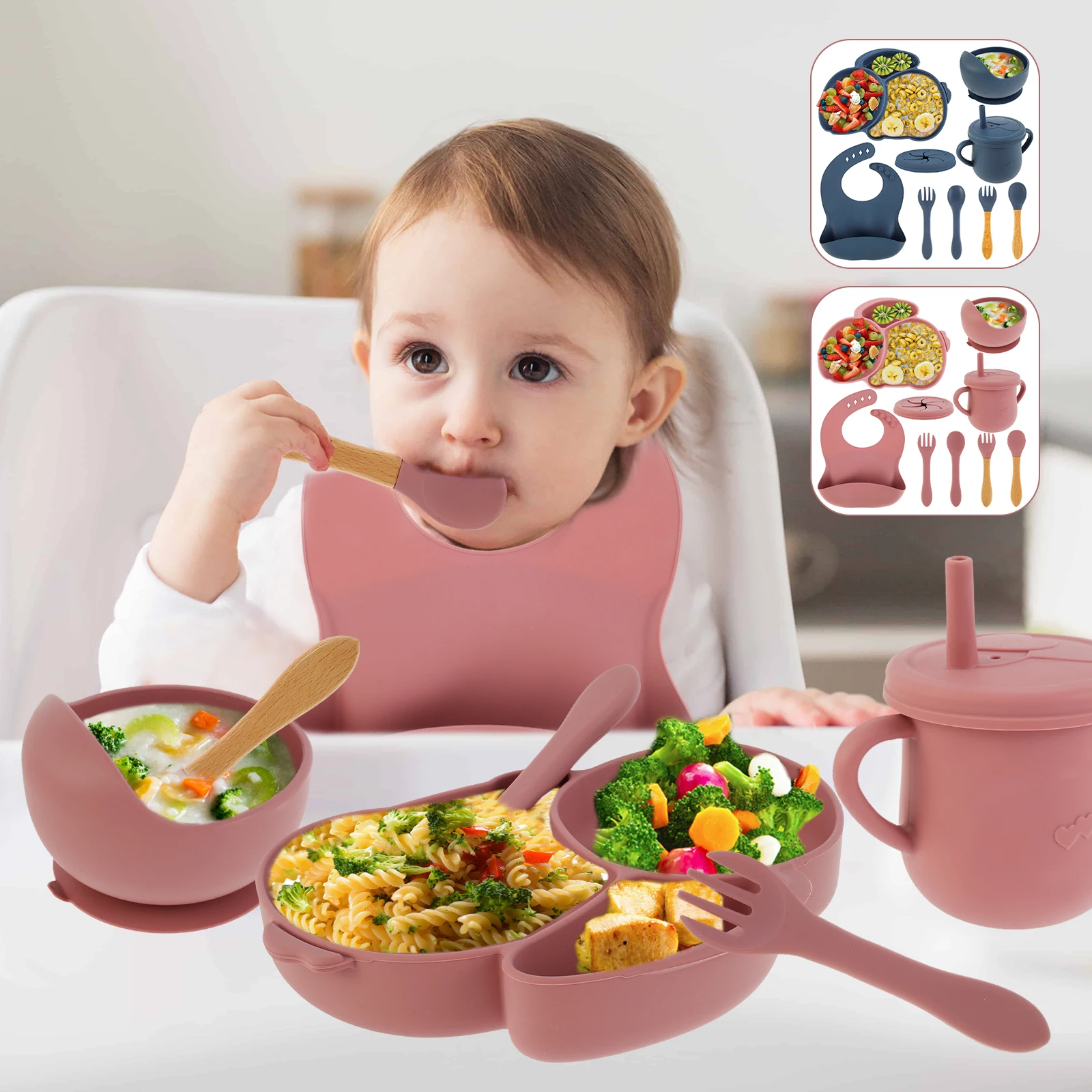 

9 Pcs Baby Feeding Set Silicone Baby Plate and Bowl Set with Suction Cup BPA-Free Baby Tableware Set Baby Led Weaning Supplies